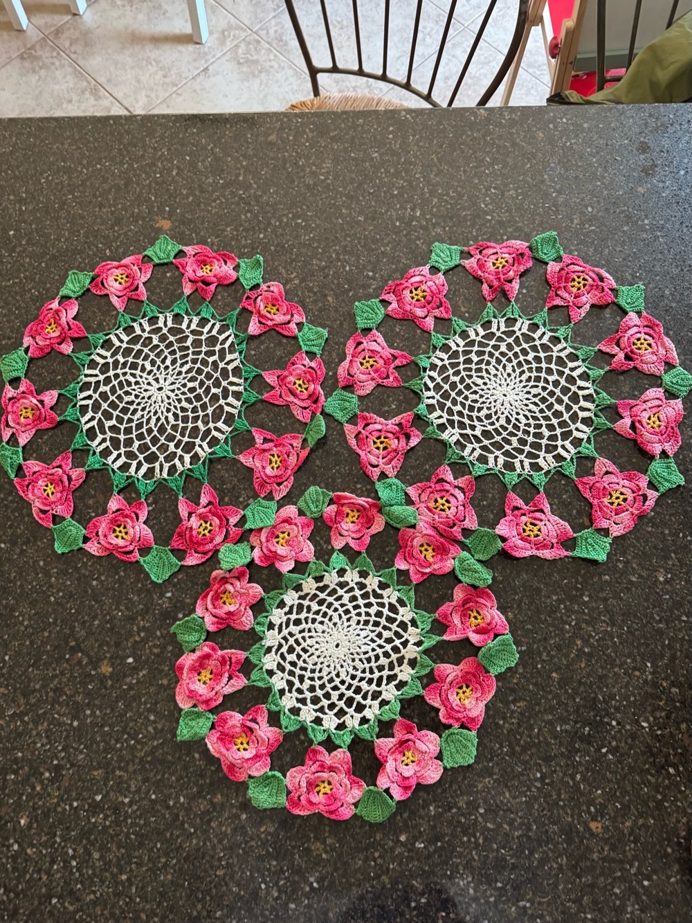 Vintage Handmade Crochet Floral Doilies - Pink & Green Set of 3